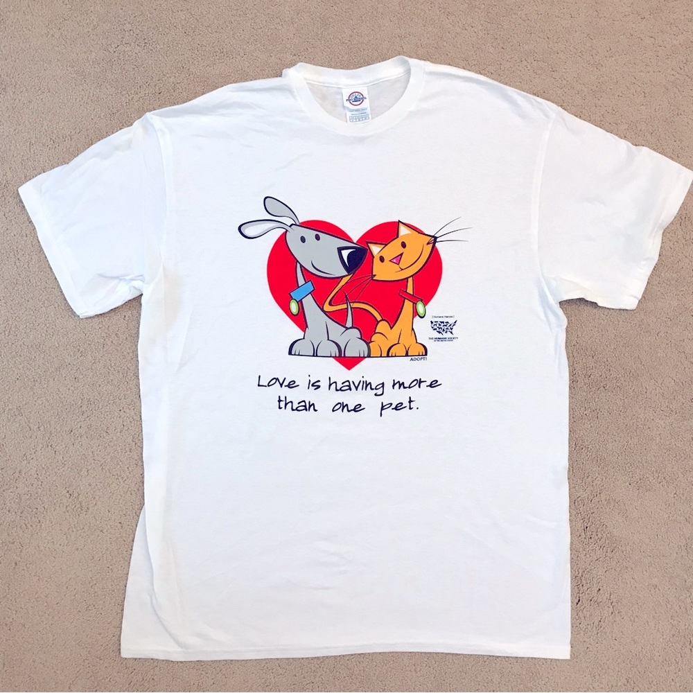 Humane Society Pet Lover Graphic T Shirt Size L White Dog Cat Adopt Love Cotton